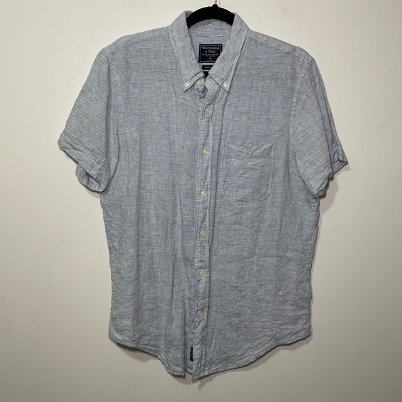 Abercombie & Fitch men blue fine striped nautical 100% linen button down shirt M - Picture 1 of 6